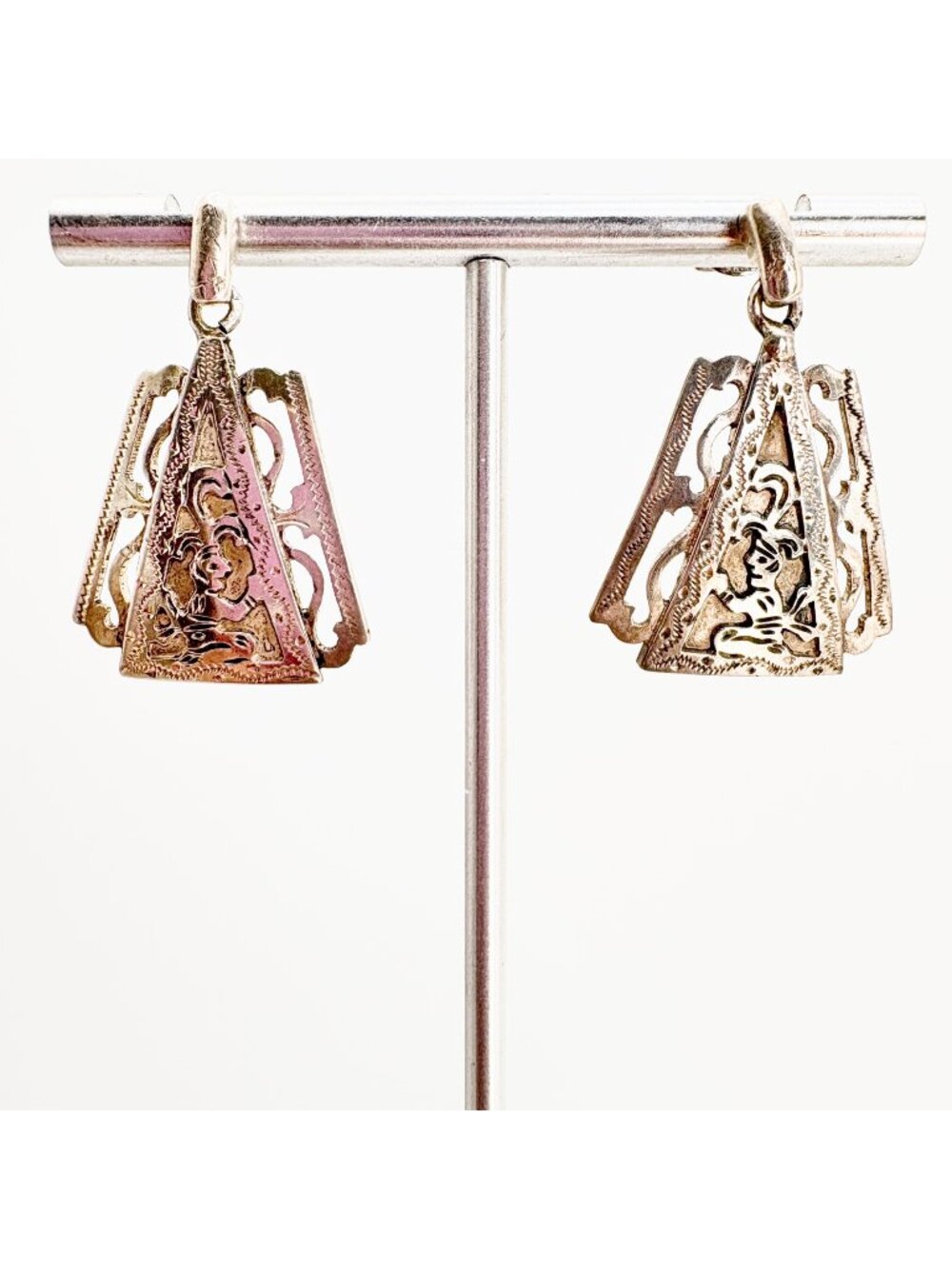 Guatemalan Warrior Design Textured 800 Silver Dangle Earrings Size 1.25" Length